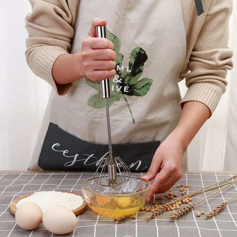 Stainless Steel Semi-Automatic Whisk, Stainless Steel Egg Whisk Hand Push Rotary Blender, Versatile Hand Push Mixer Stirrer Tool