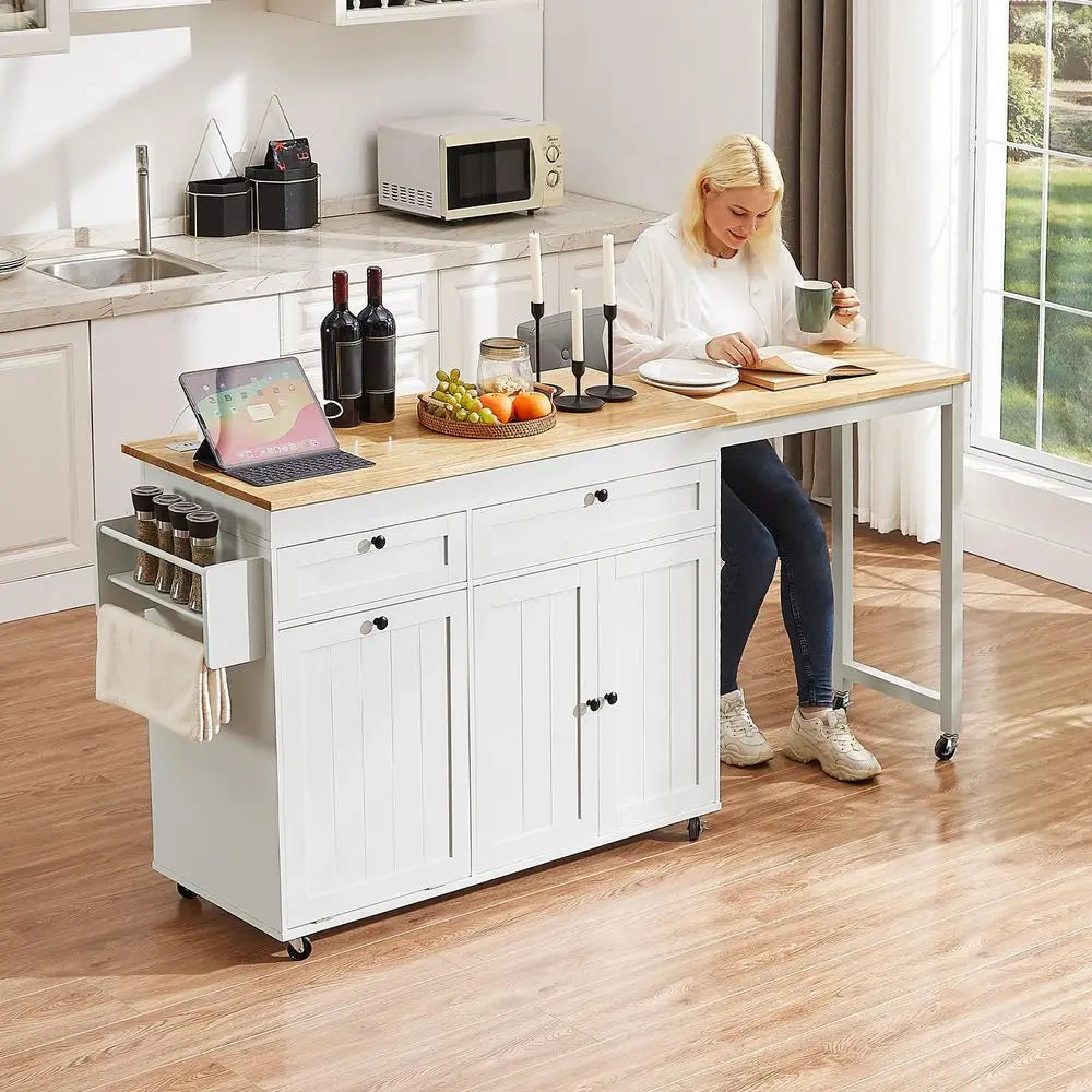 Kitchen Islands with Extendable Dining Table, 81.7 Mobile Kitchen Storage Islands, Rolling Kitchen Cart with Trash Cabinet, Pow