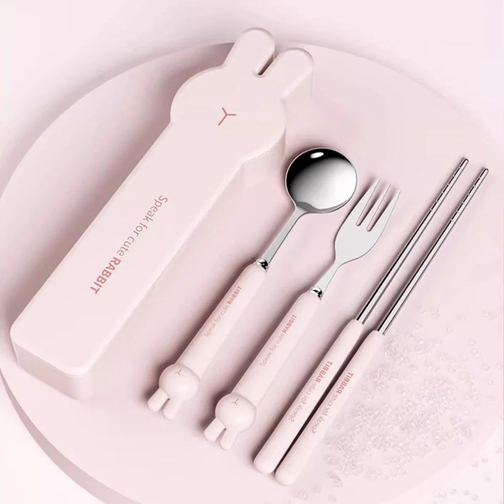 3/4PCS Cute Portable Dinnerware Set Reusable 304 Stainless Steel Fork Spoon Chopsticks With Box Cutlery For Kid Student