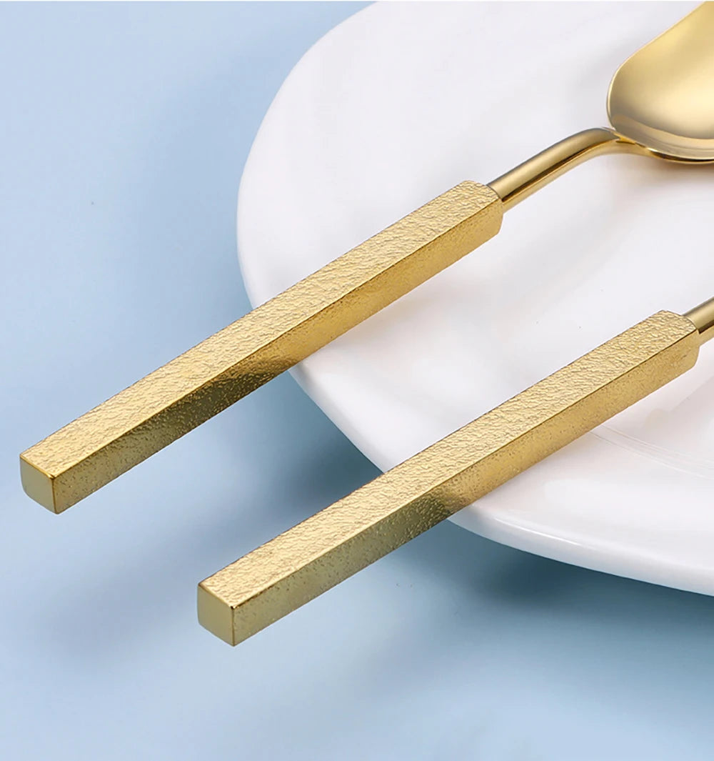 4/6/12/16/24Pcs Sliver Tableware Stainless Steel 304 Cutlery Set Western Cube Handle Dinner Set Mirror Gold Knife Fork Spoon