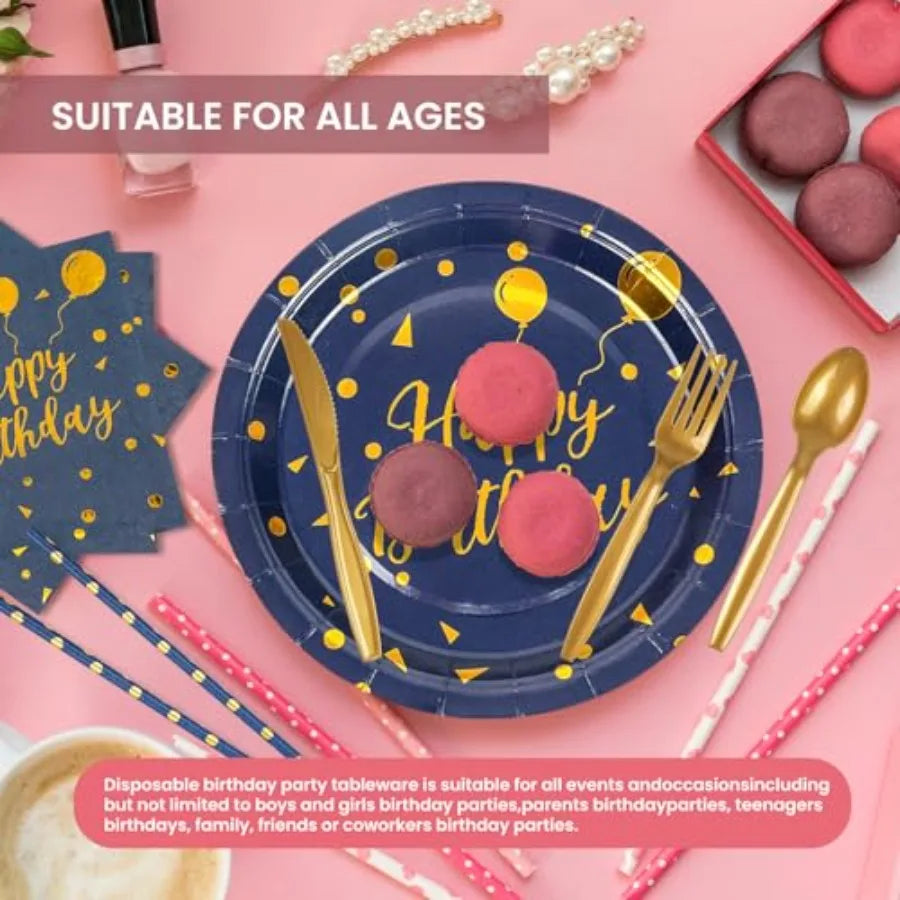 400PCS Deep Blue and Gold Disposable Dinnerware Set for Graduation and Birthday Parties: Includes Paper Plates Napkins Cups Str