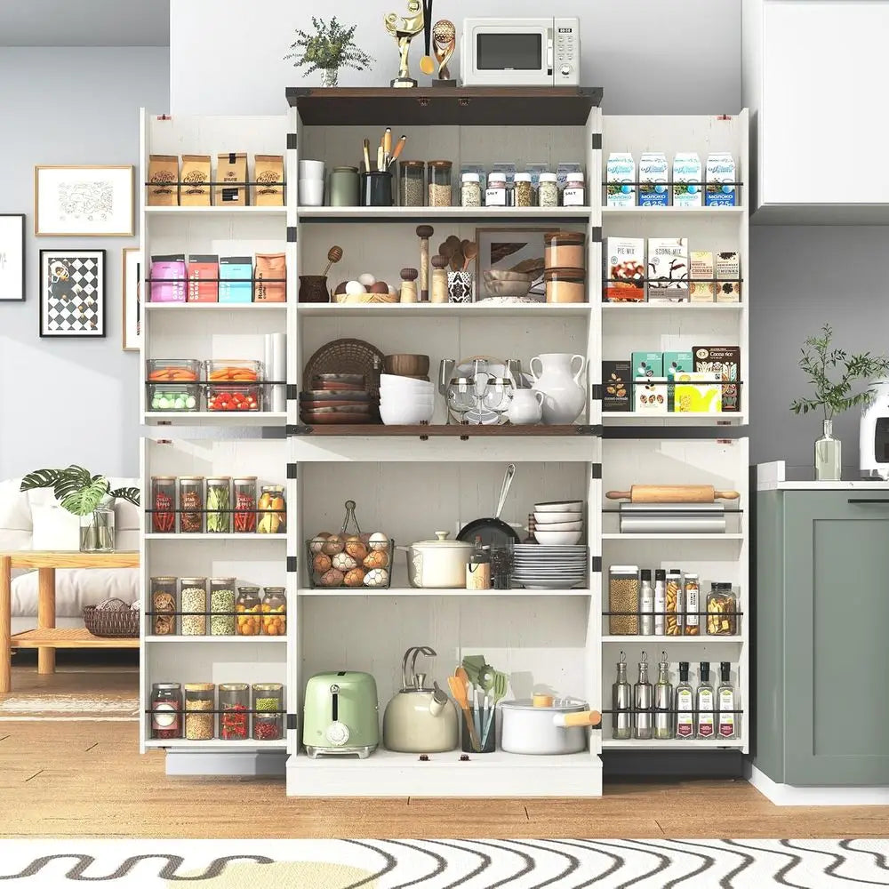 armhouse Kitchen Pantry Cabinet, 71" Tall Storage Cabinet with Adjustable Shelves & 4 Barn Do& Der, Rustic Wood Cupboard or Kitc