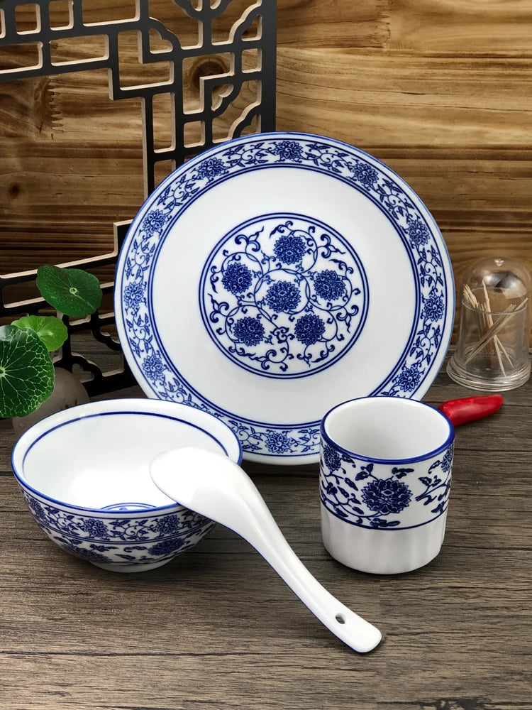Chinese Sle Cerc Blue And White Dinnerware Set Thiened Bone Bowl Plate Tea Cup Spoon Four-Piece Table Setting