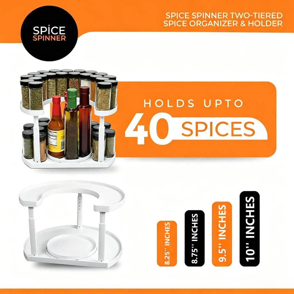 Kitchen Spice Rack White 2-Tier 360° Rotating Adjustable Height Lazy Susan Cabinet Organizer