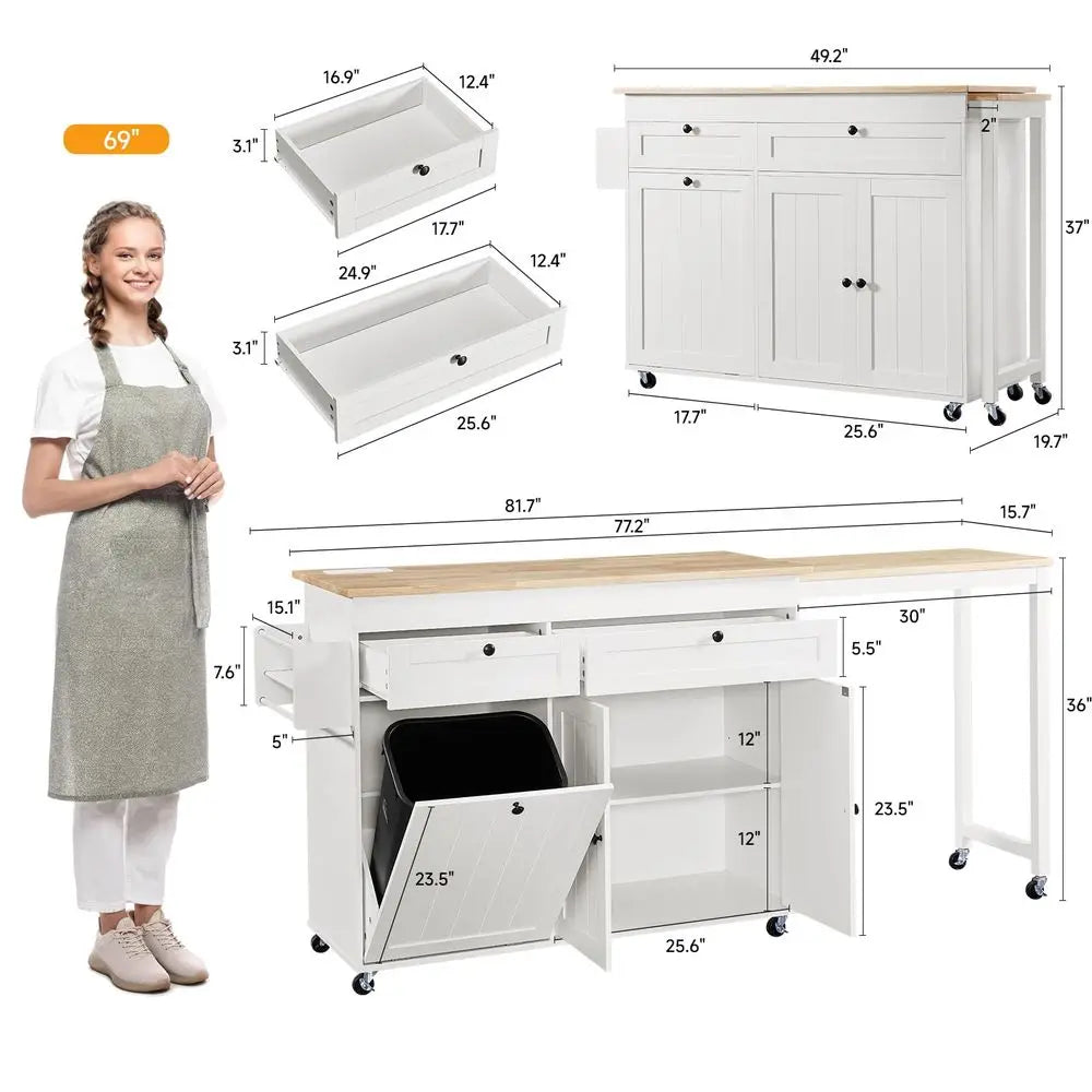 Kitchen Islands with Extendable Dining Table, 81.7 Mobile Kitchen Storage Islands, Rolling Kitchen Cart with Trash Cabinet, Pow