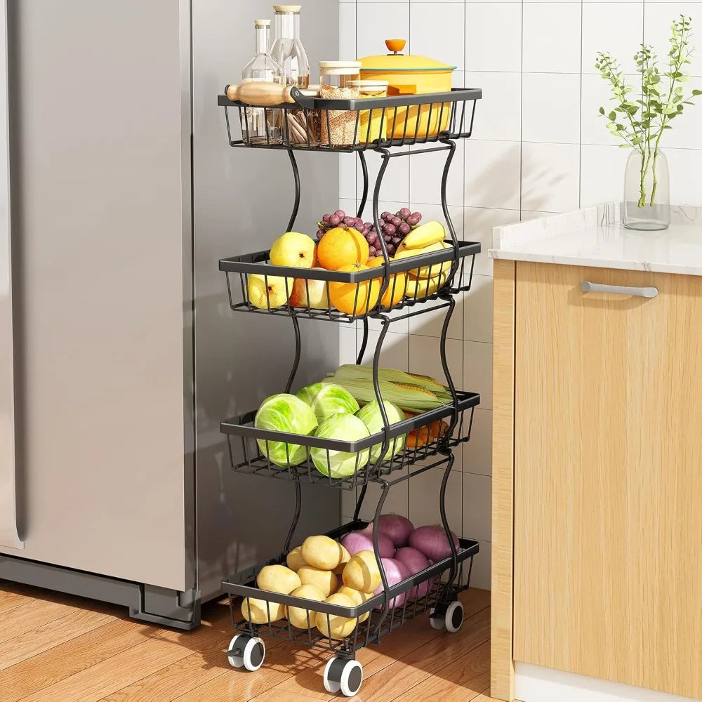Fruit Basket Kitchen Pantry Organizers and Storage - 4 Tier Stackable Metal Wire Basket Stand for Fruit Vegetable Snacks Jars Bi