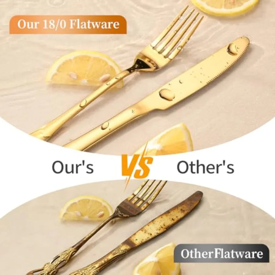 60 Piece Gold Silverware Set for 12 Bulk Stainless Steel Gold Flatware Cutlery Set Food Grade Utensil Set Include Forks Knives
