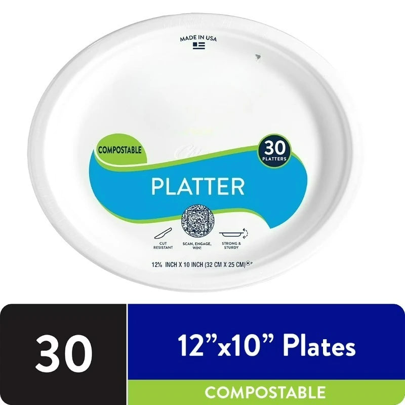 Premium Disposable Paper Platters 12 ⅝ x 10", White, 30 Count