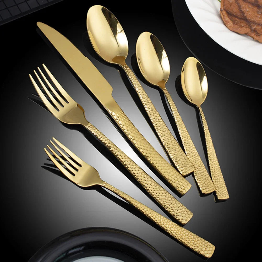 Luxury 5pcs Stainless Steel Cutlery Set Hammered Steak Knife Fork Spoon Western Dining Tableware for Restaurant Kitchen Bar