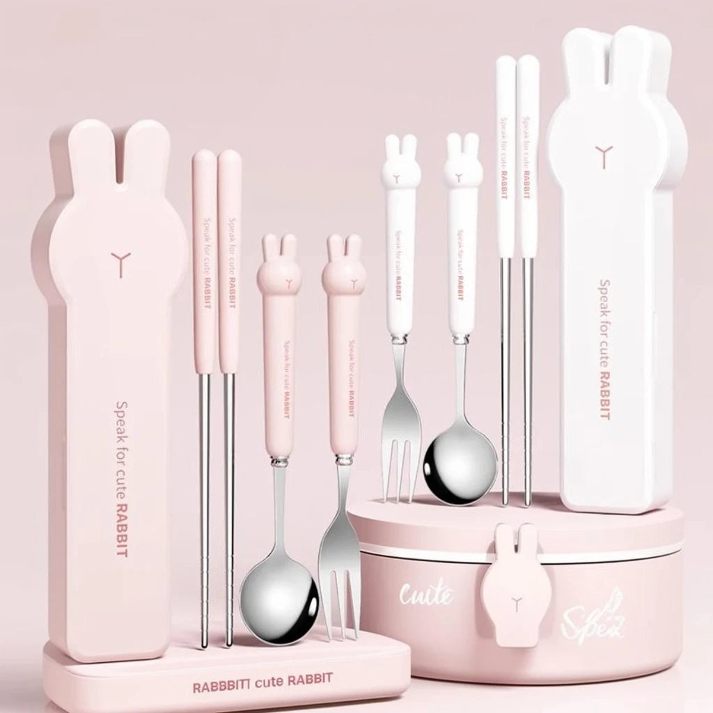 3/4PCS Cute Portable Dinnerware Set Reusable 304 Stainless Steel Fork Spoon Chopsticks With Box Cutlery For Kid Student