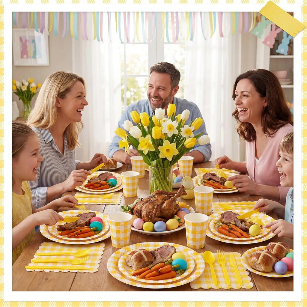 175 Pc Yellow Gingham Party Set: Plates, Napkins, Cups & Cutlery for Easter, Picnic, Baby Shower