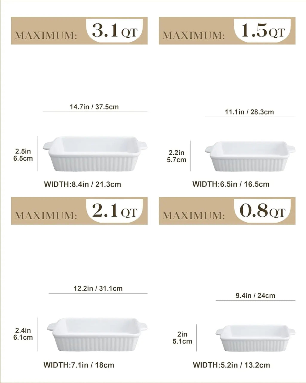 Casserole Dishes for Oven, Porcelain Baking Dishes, Ceramic Bakeware Sets of 4, Rectangular Lasagna Pans Deep with Hand