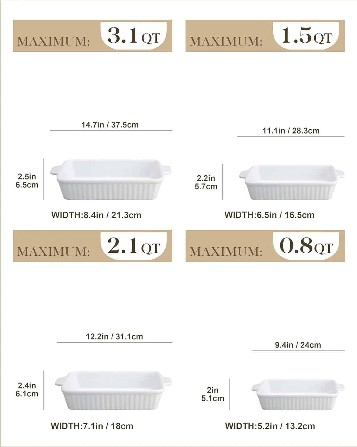 Casserole Dishes for Oven, Porcelain Baking Dishes, Ceramic Bakeware Sets of 4, Rectangular Lasagna Pans Deep with Hand