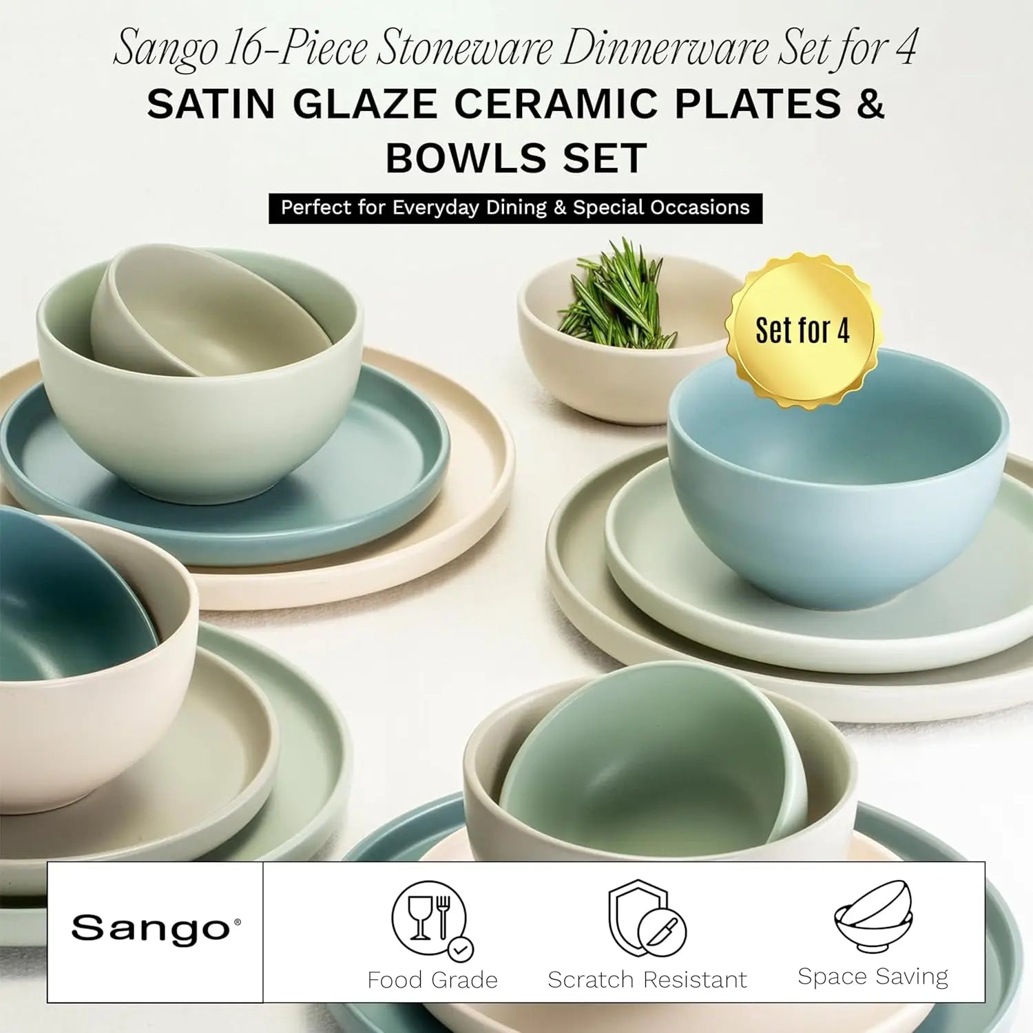 16-Piece Stoneware Dinnerware Set for 4, Satin Glazed Plates and Bowls Sets with Matte Finish, Ceramic Dish Set, Durable