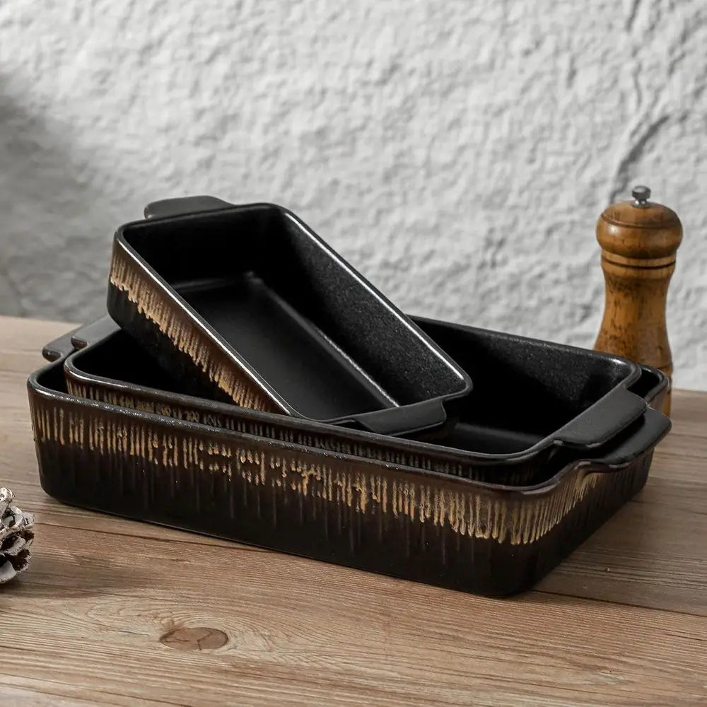 3-Piece Bakeware Set, 20x30 cm Casserole Pan, Cooking and Baking Dinnerware, Black Stripe Design