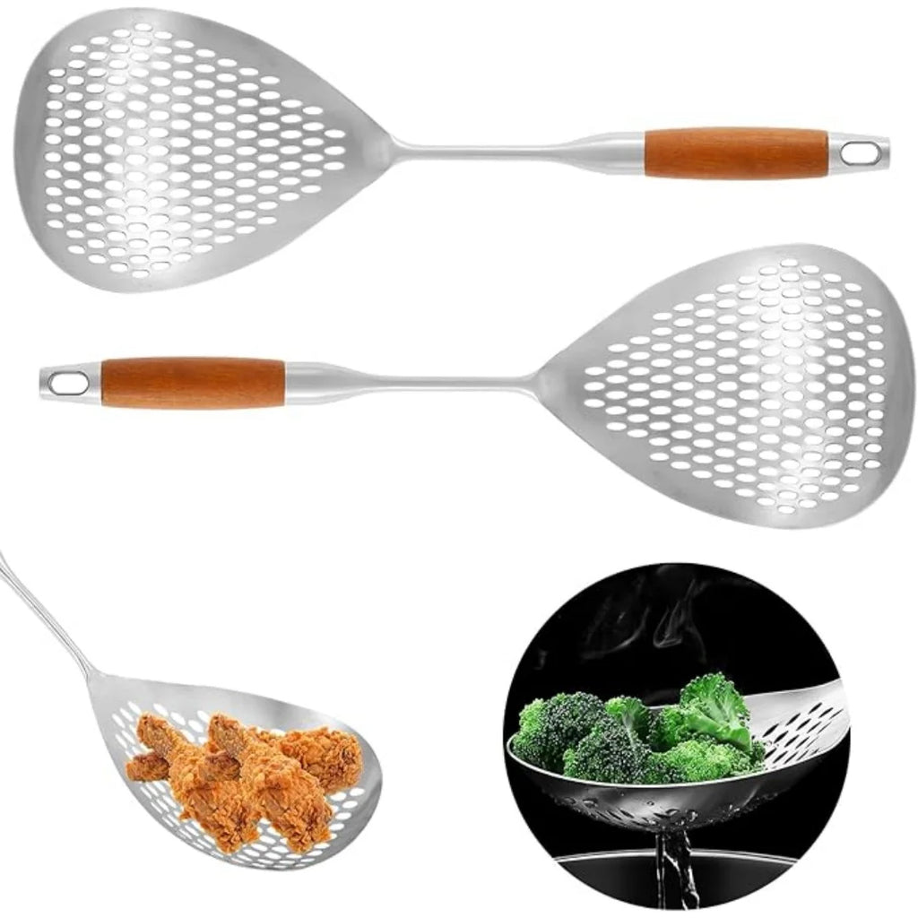 Premium Stainless Steel Skimmer Spoon - Large Size, Wooden Handle, Non-Slip Grip for Pasta, Dumplings & Kitchen Frying