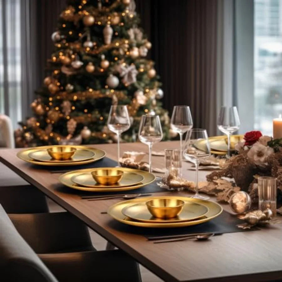 18 Pcs Gold Stainless Steel Dinnerware Set 10'' Metal Gold Dinner Plates 8'' Thickened Dinner Dishes 3.5'' Sauce Bowls Stackabl