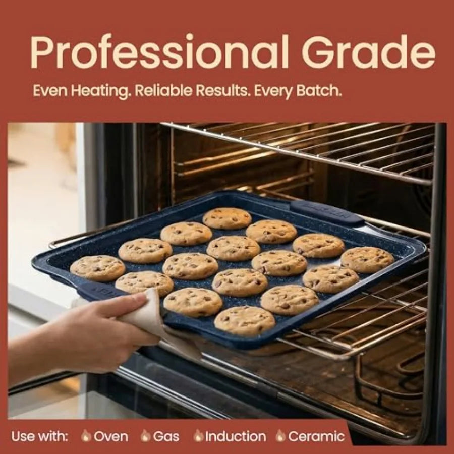 BAKKEN Kitchen Baking Pan Set - Nonstick Coating, Carbon Steel Bakeware Sets with Blue Silicone Handles, Baking Kitchen Essenti