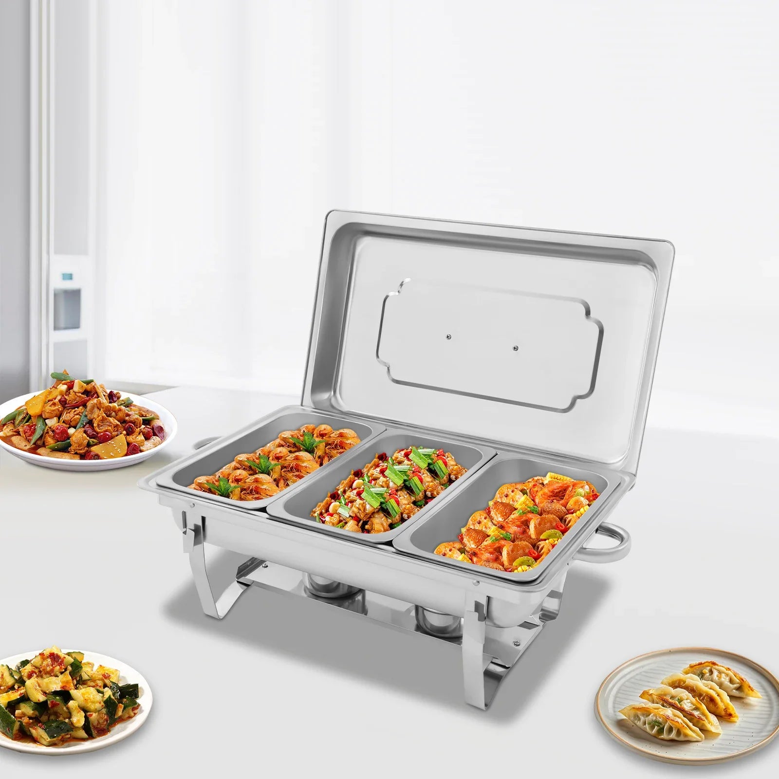 Chafing Dish Buffet Set,Gatherings Self-service Stove Food Plates,410 Stainless Steel Buffet Dishes Set,with 3 Food Compartments