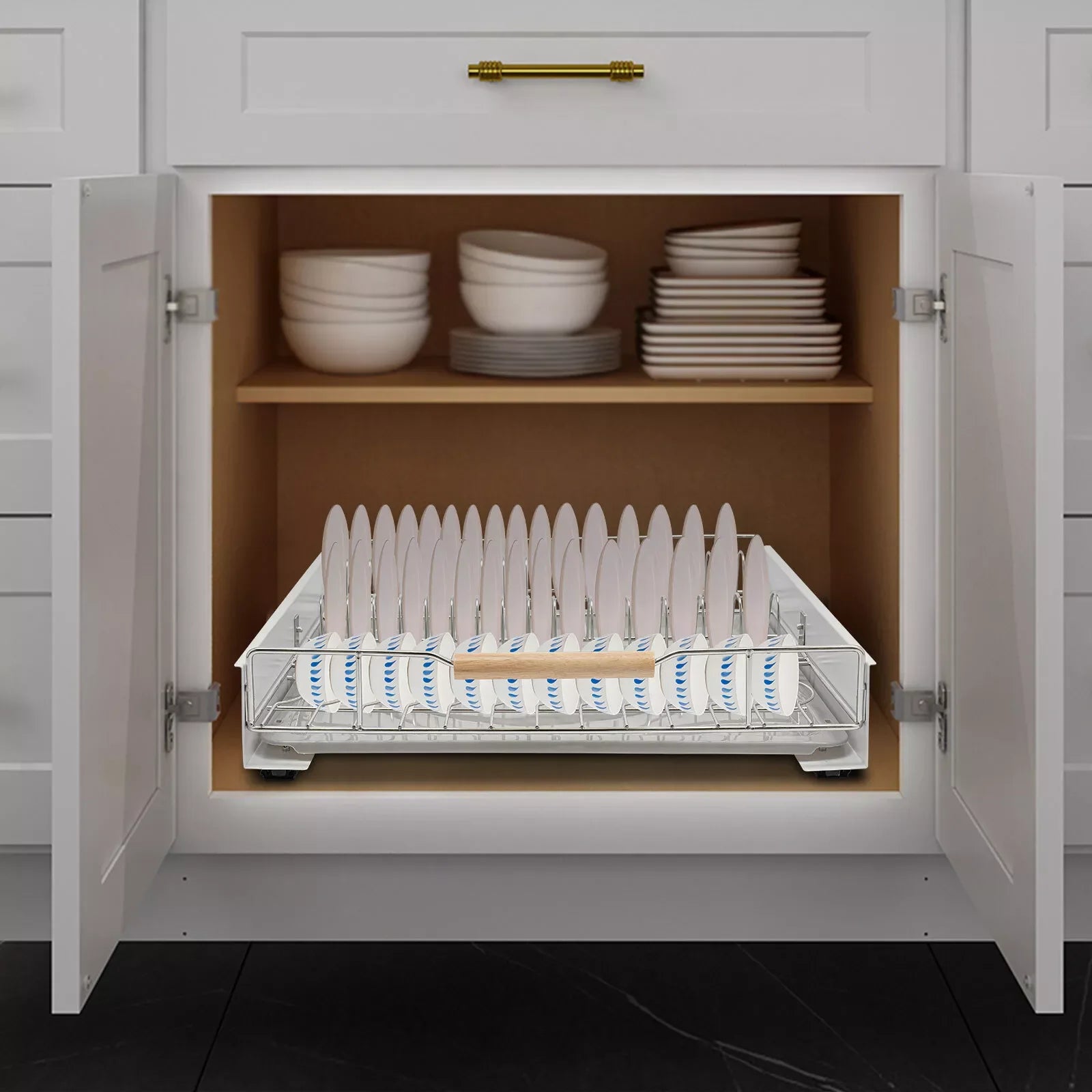 Modern Pull Out Dish Drainer Drawer Bottom-Mounted Slide Out Storage Shelf for Kitchen Cabinets, Under the Sink, Closets