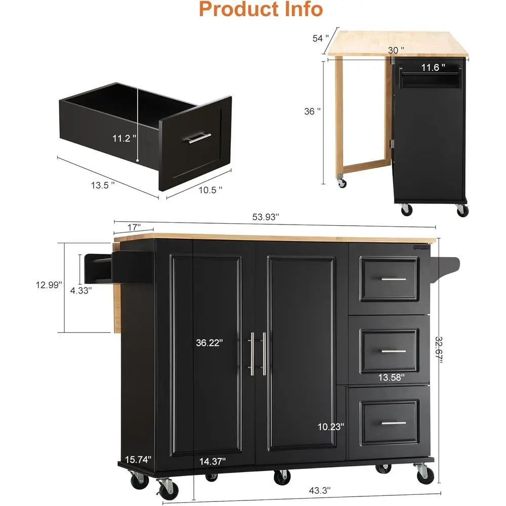 54 Mobile Kitchen Island Cart with Drop Leaf, 3 Drawers, 1 Cabinet, and Spice Rack in Black