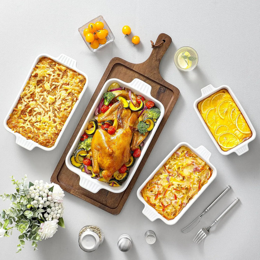 Casserole Dishes for Oven, Porcelain Baking Dishes, Ceramic Bakeware Sets of 4, Rectangular Lasagna Pans Deep with Hand
