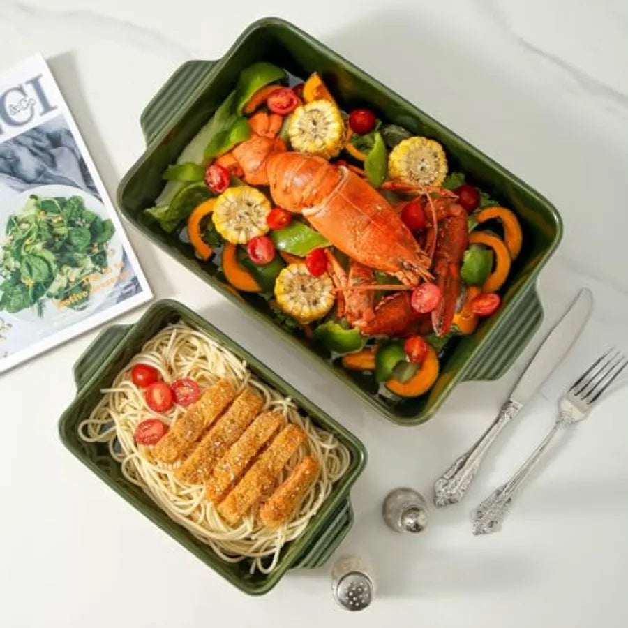 Ceramic Baking Casserole Dish with Handles, Large 9x13 inch Pan and Middle Baking Pan - Porcelain Serving Bakeware Set