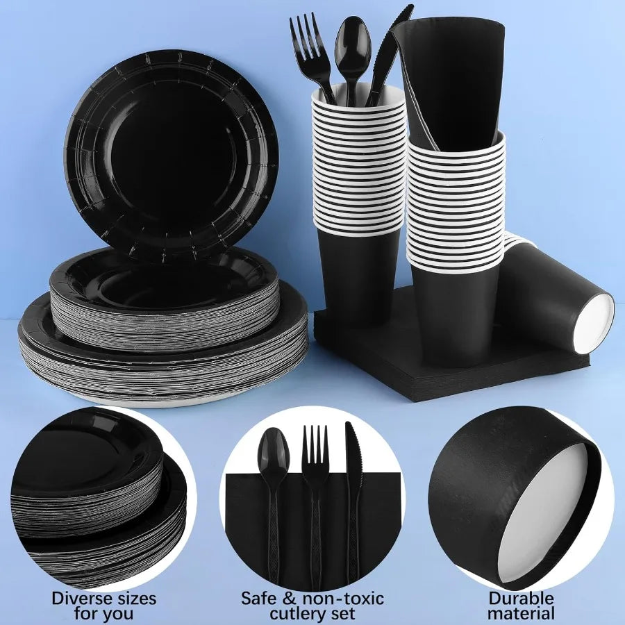 350 Pieces Black Paper Dinnerware Set with 7 Inch and 9 Inch Disposable Dinner Plates Paper Cups Cutlery and Napkins for Servin