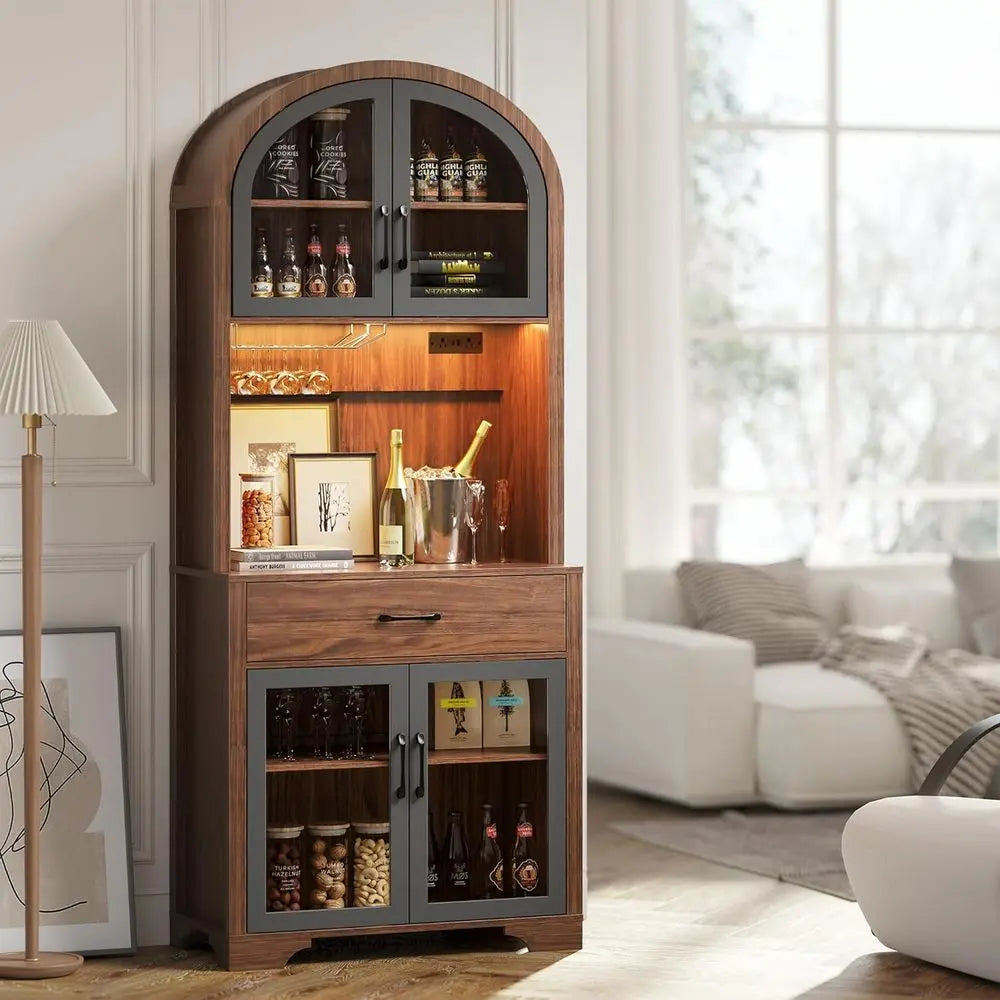 75 Tall Arched Pantry Cabinet with Charging Station, LED Light, and Adjustable Shelves for Kitchen, Coffee Bar, or Dining Room