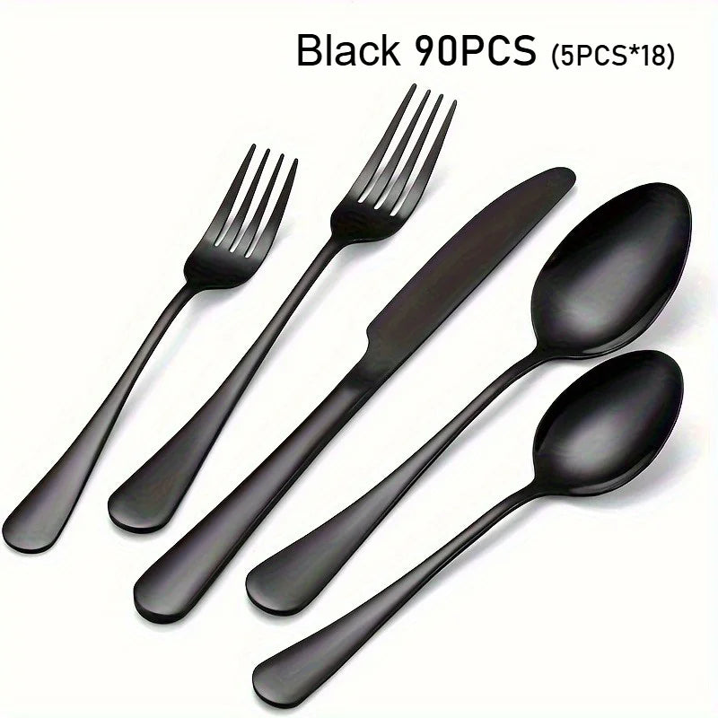 90pcs Stainless Steel Cutlery Set - Elegant Black- Perfect for Home, Restaurants, Hotels & Weddings - Dishwasher Safe