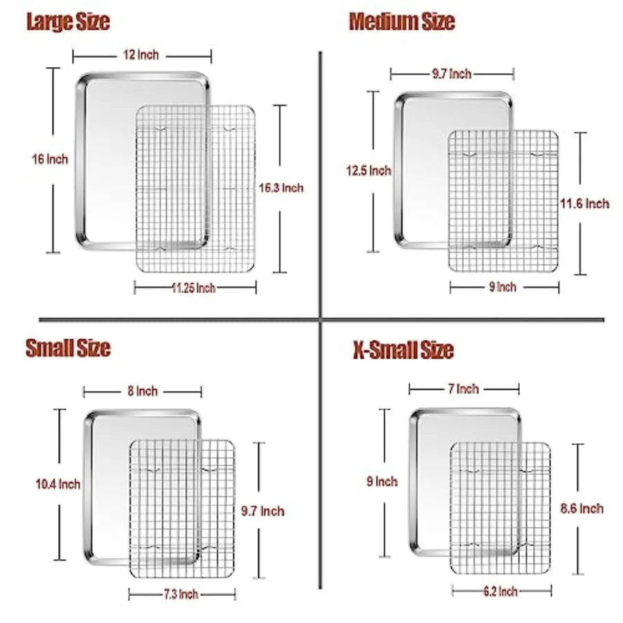 16 + 12.5 + 10.4 + 9 Inch Baking Sheet and Rack Set 8Pcs Stainless Steel Cookie Sheets Oven Baking Trays Cooling Racks for Cook