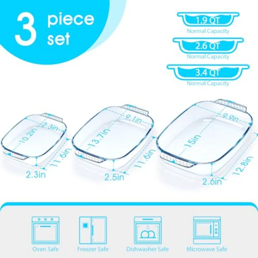 Large Glass Baking Dish Set, Easy Grab Oven Safe Glass Pan for Cooking 2 QT+2.7 QT+3.3 QT