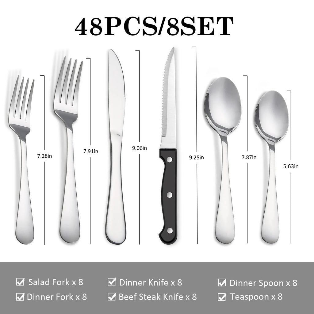 KOOMADE 48PCS Flatware Set Steak Knives Kitchen Utensils and Cutlery of High Quality Construction with Practical Metal  Handles