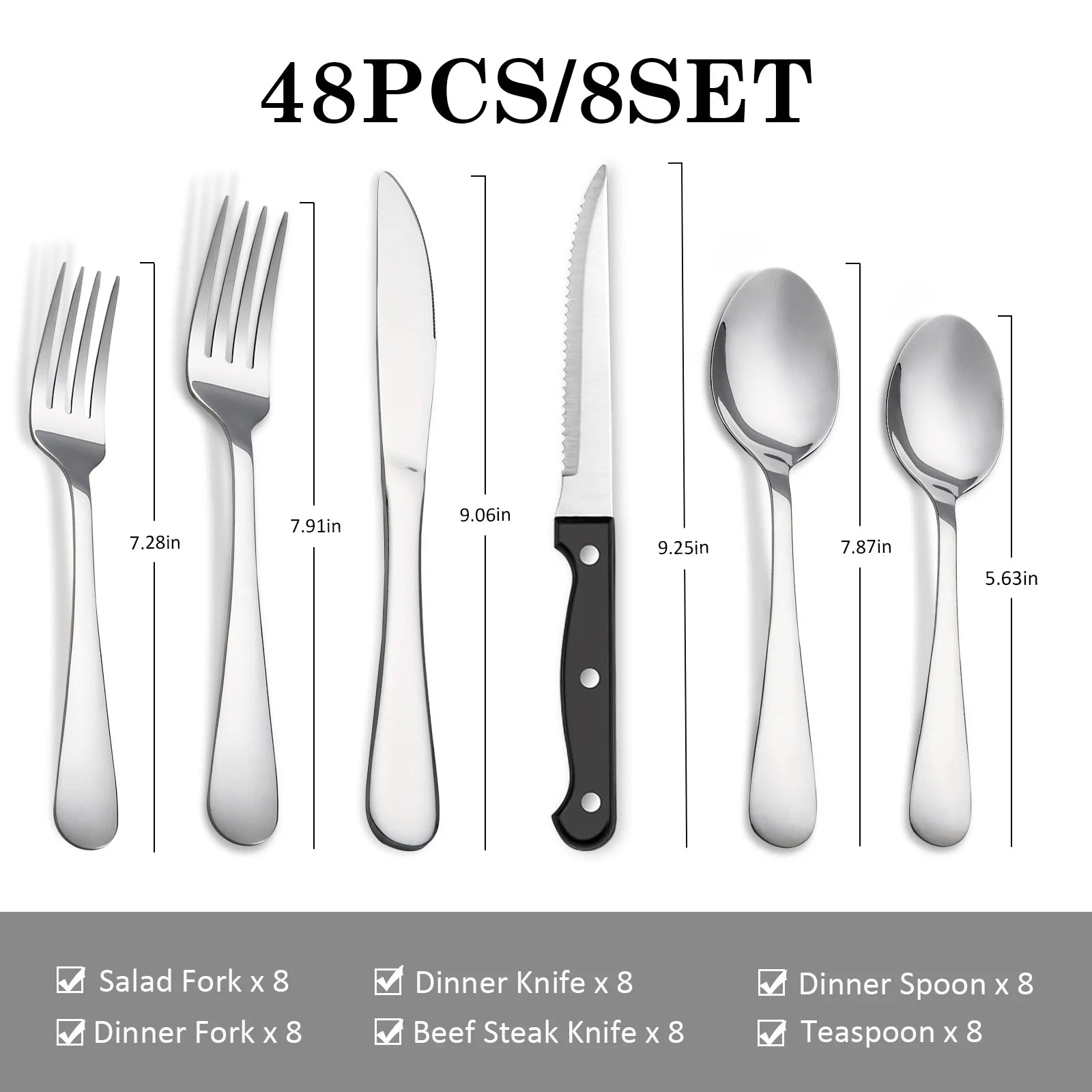 KOOMADE 48PCS Flatware Set Steak Knives Kitchen Utensils and Cutlery of High Quality Construction with Practical Metal  Handles