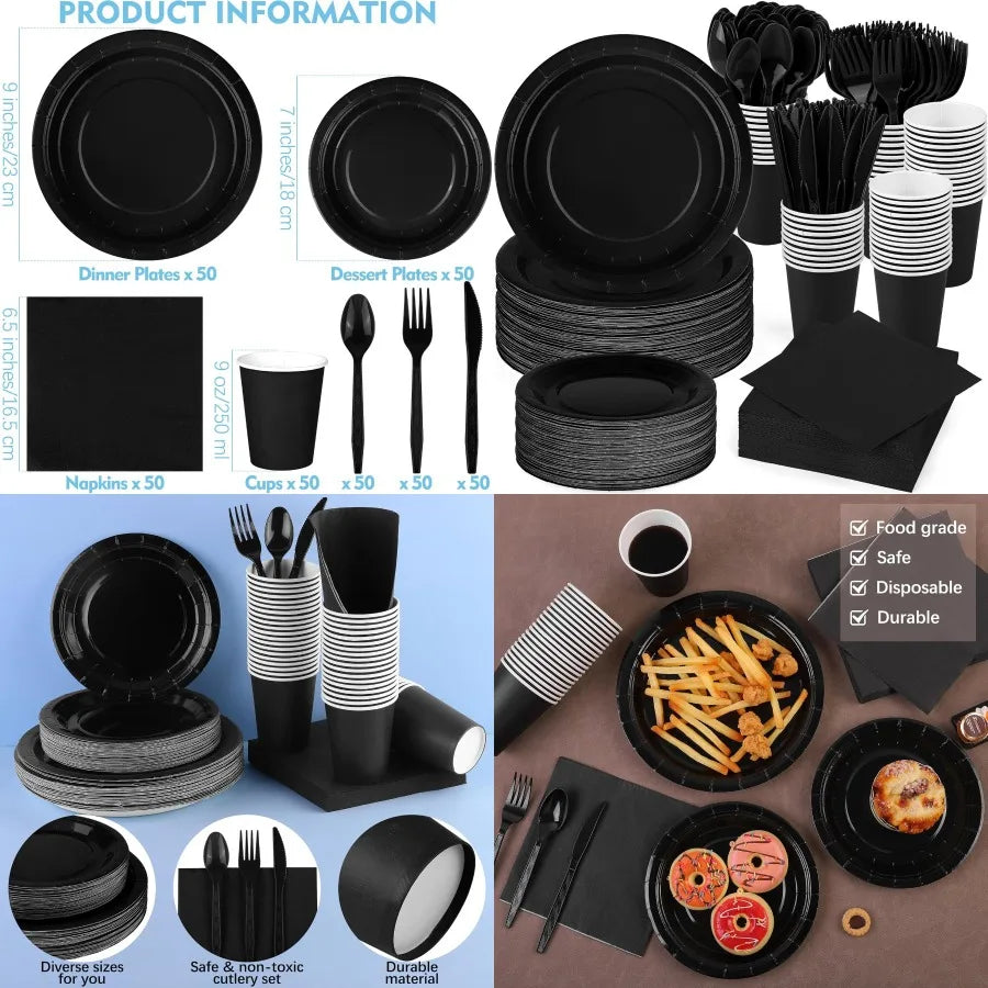 350 Pieces Black Paper Dinnerware Set with 7 Inch and 9 Inch Disposable Dinner Plates Paper Cups Cutlery and Napkins for Servin