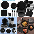 350 Pieces Black Paper Dinnerware Set with 7 Inch and 9 Inch Disposable Dinner Plates Paper Cups Cutlery and Napkins for Servin