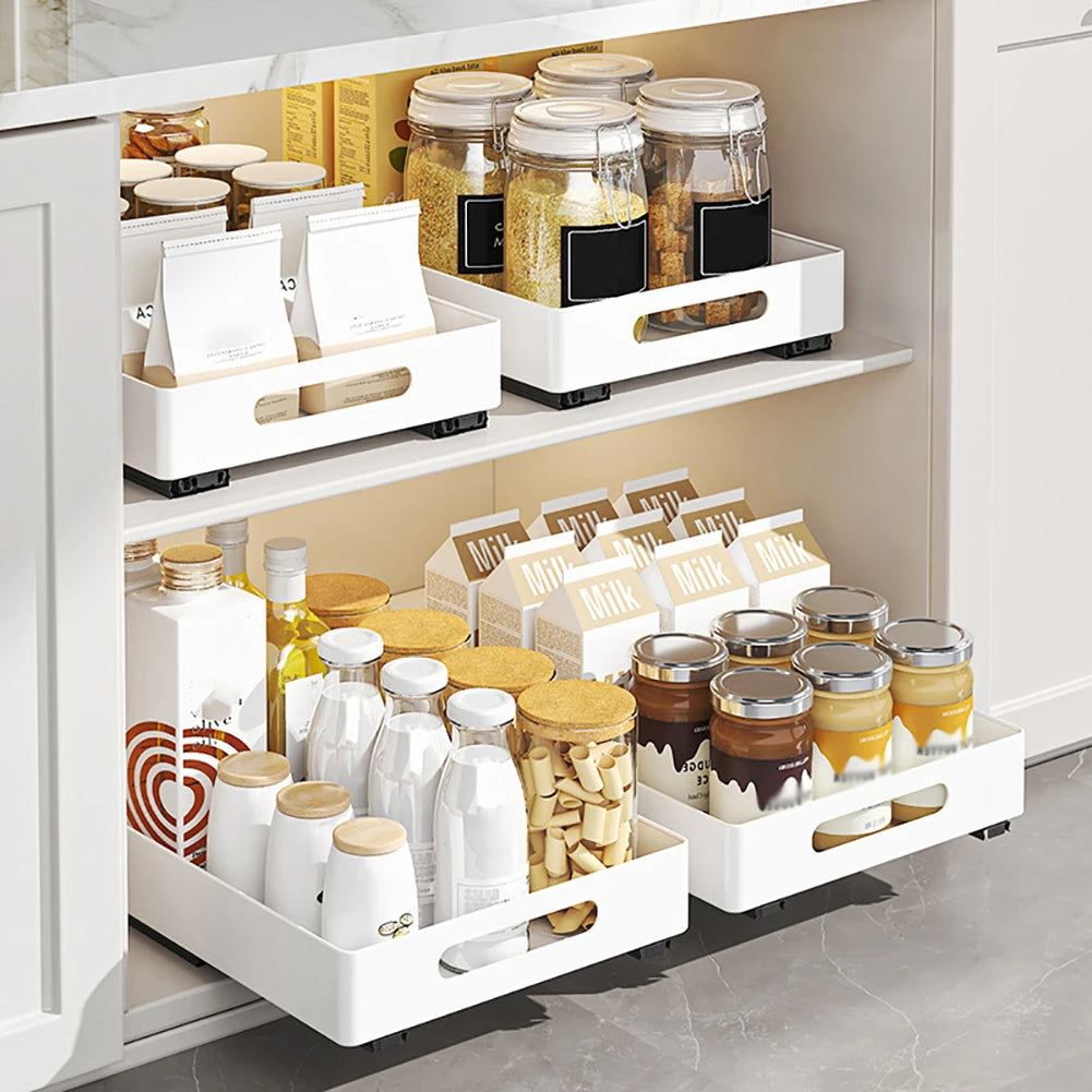 Pull Out Cabinet Organizer, Heavy Duty Slide Out Drawers Fixed With Adhesive Film, Storage Organization Tray for Kitchen Pantry