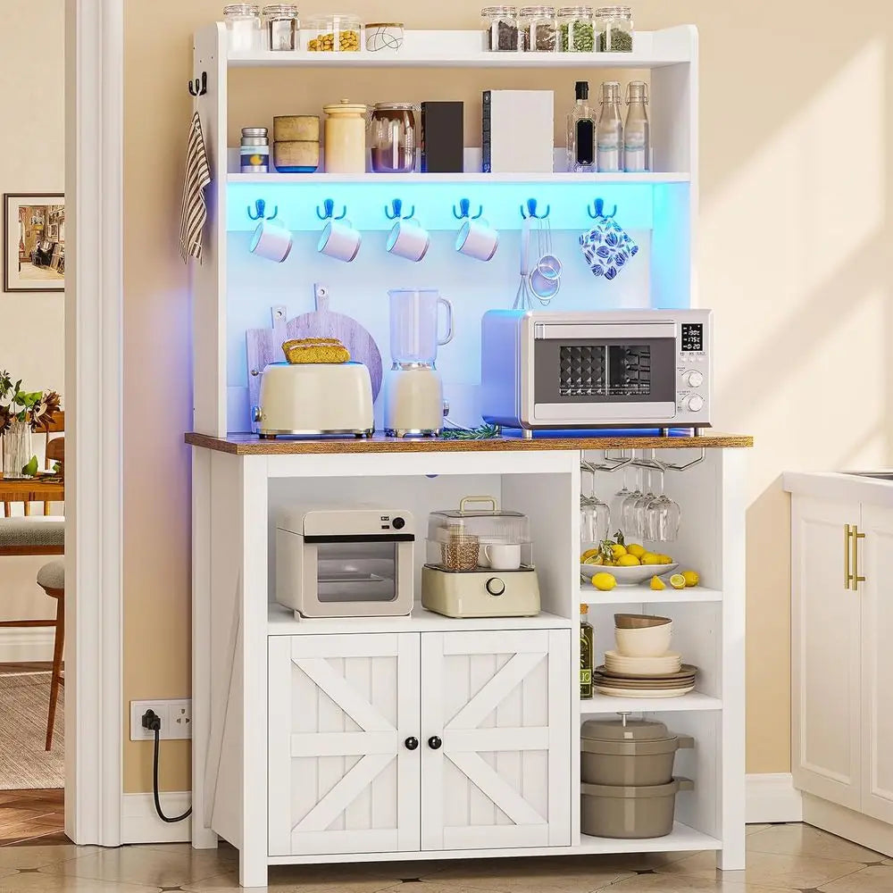 35.4 inch Bakers Rack with Power Outlet and Storage, armhouse Coee Bar Cabinet, Microwave Stand Kitchen Cabinet with Hutch, LED