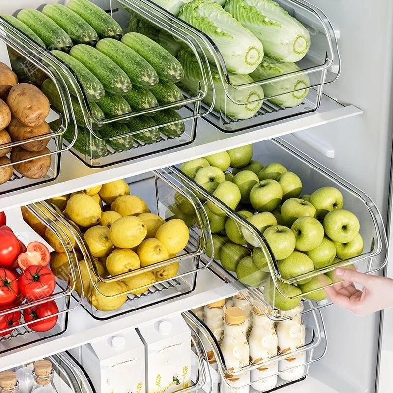 Large-capacity transparent refrigerator storage box, space-saving kitchen food cabinet organizer, easy-pull out design