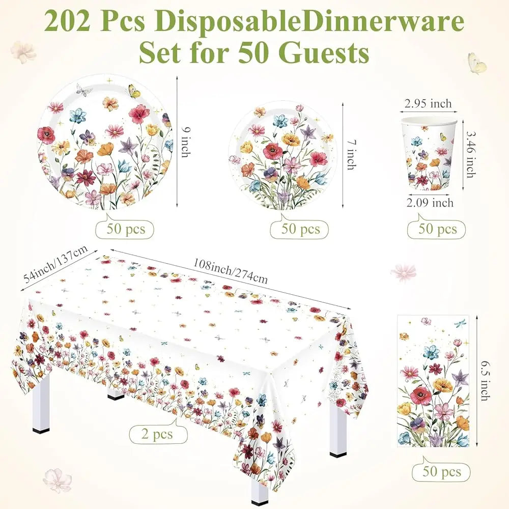 202 Pcs Wildflower Party Decoration Supplies Floral Paper Plates Napkins Cups Butterfly Wildflower Tablecloth For Autumn Summer