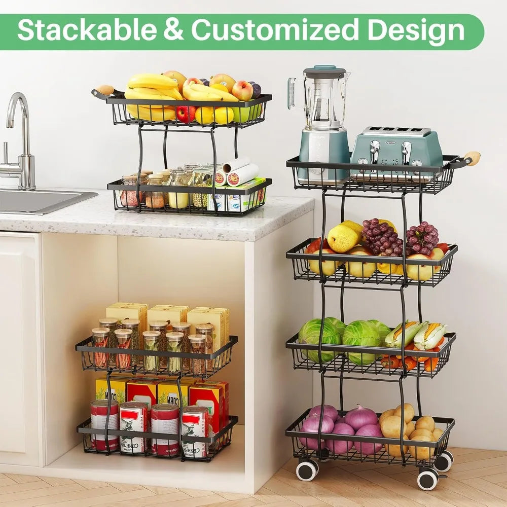 Fruit Basket Kitchen Pantry Organizers and Storage - 4 Tier Stackable Metal Wire Basket Stand for Fruit Vegetable Snacks Jars Bi