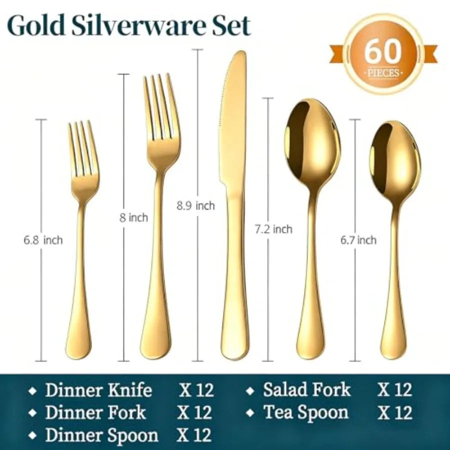 60 Piece Gold Silverware Set for 12 Bulk Stainless Steel Gold Flatware Cutlery Set Food Grade Utensil Set Include Forks Knives