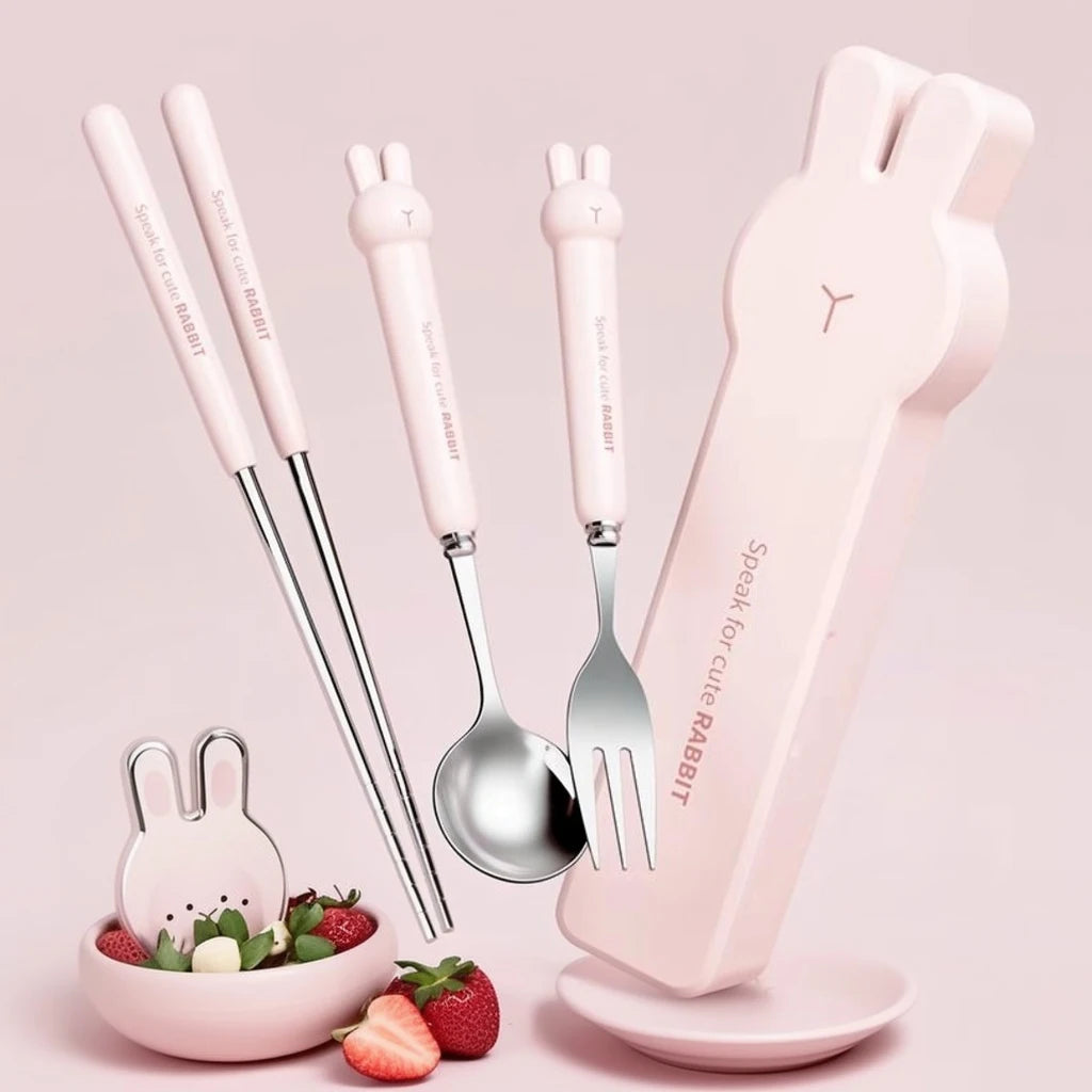 3/4PCS Cute Portable Dinnerware Set Reusable 304 Stainless Steel Fork Spoon Chopsticks With Box Cutlery For Kid Student