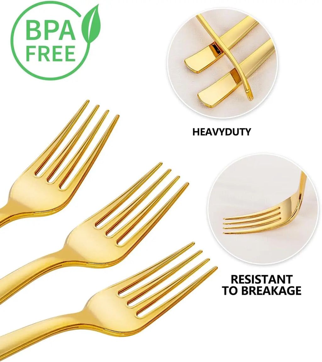 50Pcs Gold Plastic Forks Heavy Duty Disposable Silverware Party Wedding