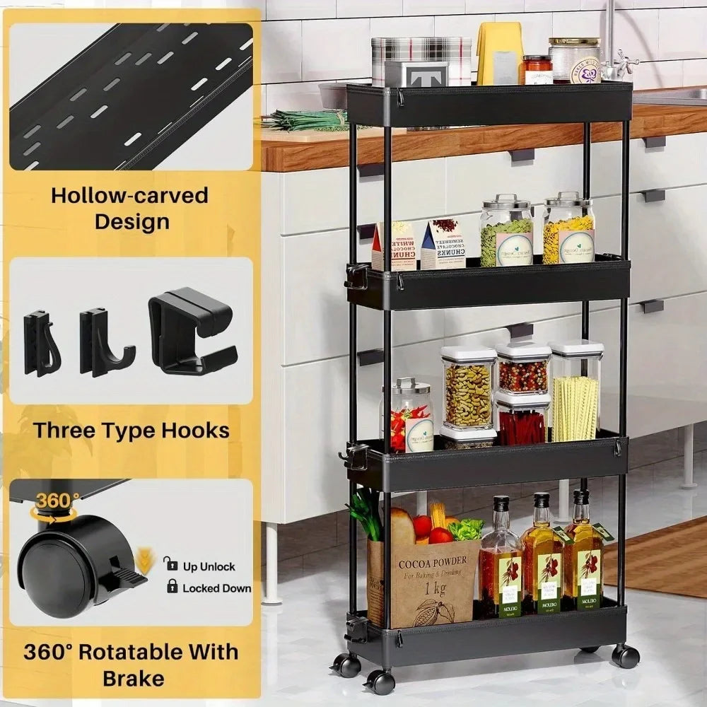 Slim Rolling Storage Cart 4 Tier Organizer Mobile Shelving Unit Utility Cart Tower Rack for Kitchen Bathroom