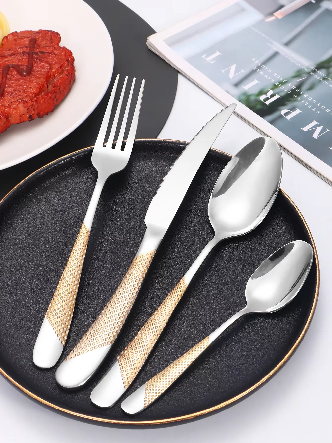 24pc star diamond cutlery set, stainless steel knife fork spoon tea spoon cutlery set, suitable for holiday parties.