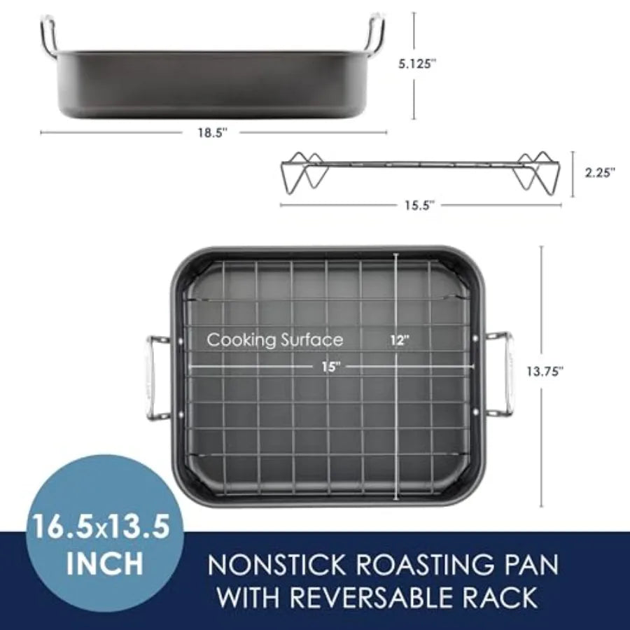 Bakeware Nonstick Roaster/Roasting Pan with Reversible Rack 16.5 Inch x 13.5 Inch Gray