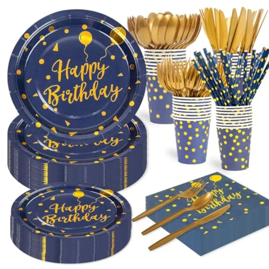 400PCS Deep Blue and Gold Disposable Dinnerware Set for Graduation and Birthday Parties: Includes Paper Plates Napkins Cups Str