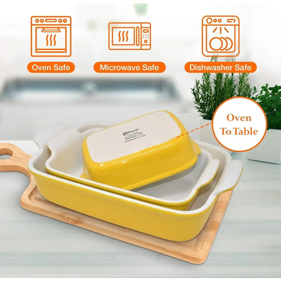 Ceramic Bakeware Set Casserole Baking Dish Ceramic 3 Piece Rectangular Yellow