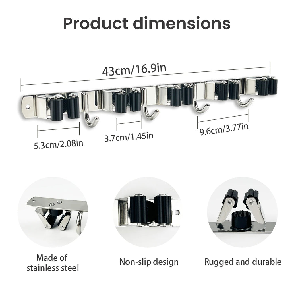 4-Hook Adhesive Broom Mop Organizer Stainless Steel Wall-Mounted Non-Slip Rack Storage Solution for Home Kitchen Garden Laundry